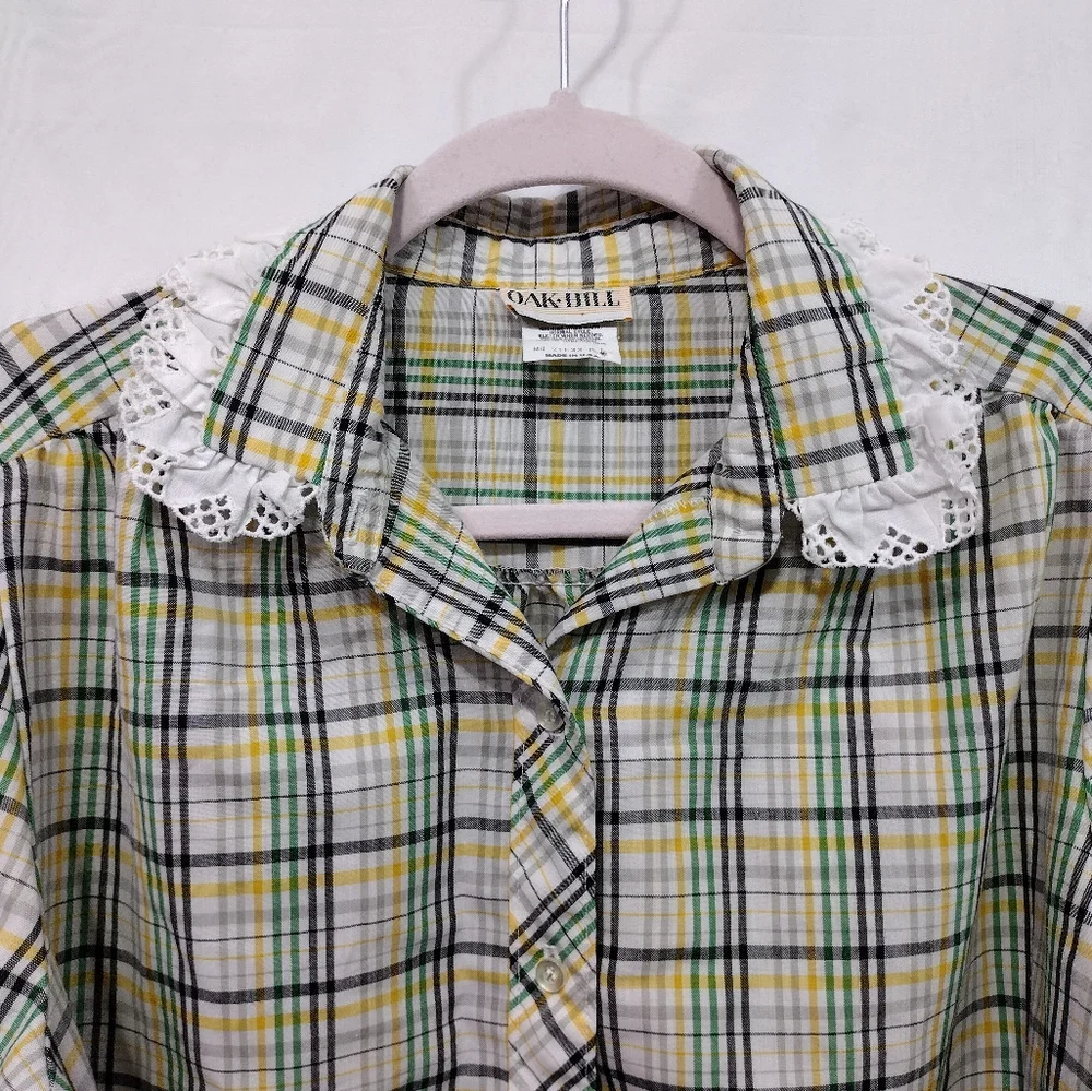 Vintage Oak Hill Babydoll Shirt Womens 12 Green Lace Preppy Academia Retro 90s - Picture 2 of 8
